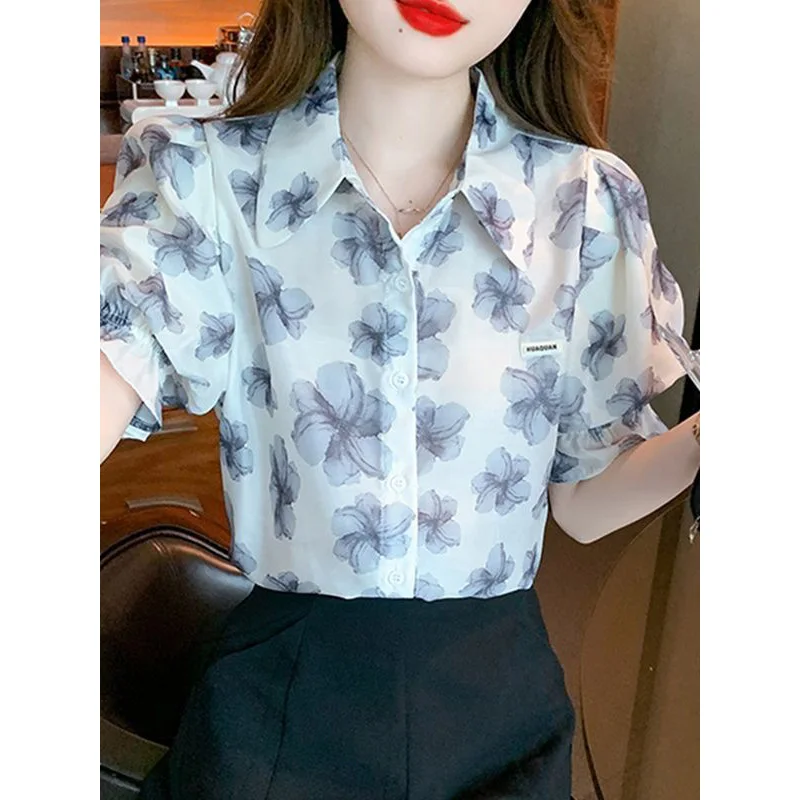 

women clothing Summer Fashion Simplicity printing Button Contrasting colors Polo collar Women shirts All-match short sleeve tops