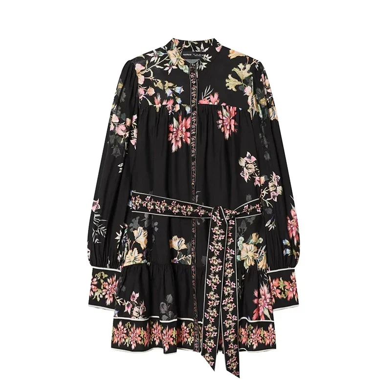 Picture 4: Women's Short Dress Fashion Lace-up Print Dresses Spring Women V-Neck Long Sleeves Dresses Vintage Female Elegant Party Dresses