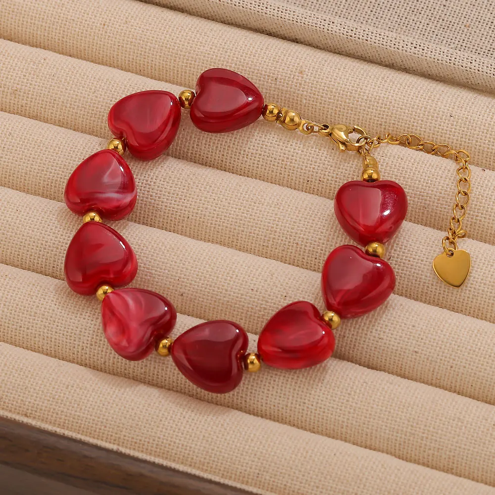 Jolivie Edelstahl-Armband mit rotem Herz für Damen, Urlaubszubehör, Vintage-Acryl-Armreif, Handgelenkschmuck, Armband, Geschenk – Detail 4
