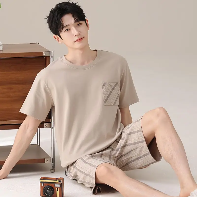 

2026 Summer Short Sleeve 100% Cotton Casual Plaid Pajama Sets for Men Korean Loose Sleepwear Pyjama Homewear Male Home Clothes