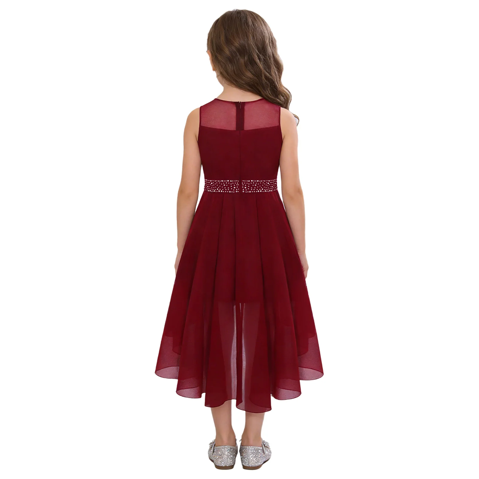 

Элегантное праздничное платье для девочек, детское свадебное/праздничное платье принцессы, блестящее, со стразами, плиссированное, асимметричное, из шифона, без рукавов