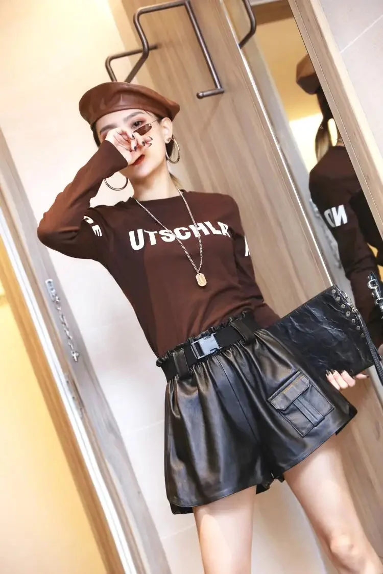 YR!Free shipping.Wholesales.women quality soft sheepskin shorts.black fashion leather shorts.loose casual short pants.