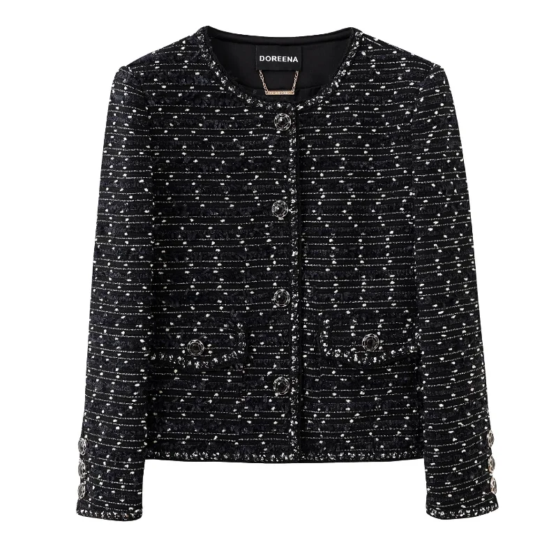 

High Quality French Small Fragrance Striped Short Coat Women's Fashion Simple Versatile Loose Tweed Elegant Office Lady Coat