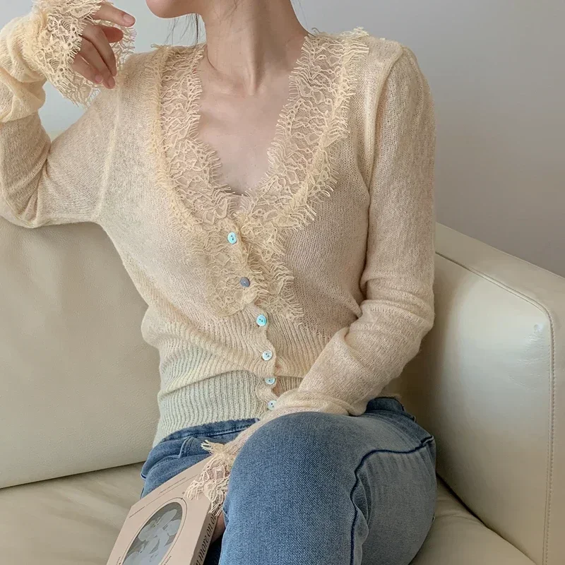Seoulish Vintage Spitze gestrickte Strickjacken für Frauen 2024 neue Herbst Winter solide lässig schlanke koreanische Stil Damen Tops weiblich