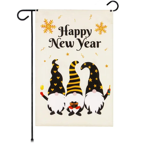 G128 Garden Flag Happy New Year Three Celebrating Gnomes 12X18 Burlap Fabric JJE DDI GGX