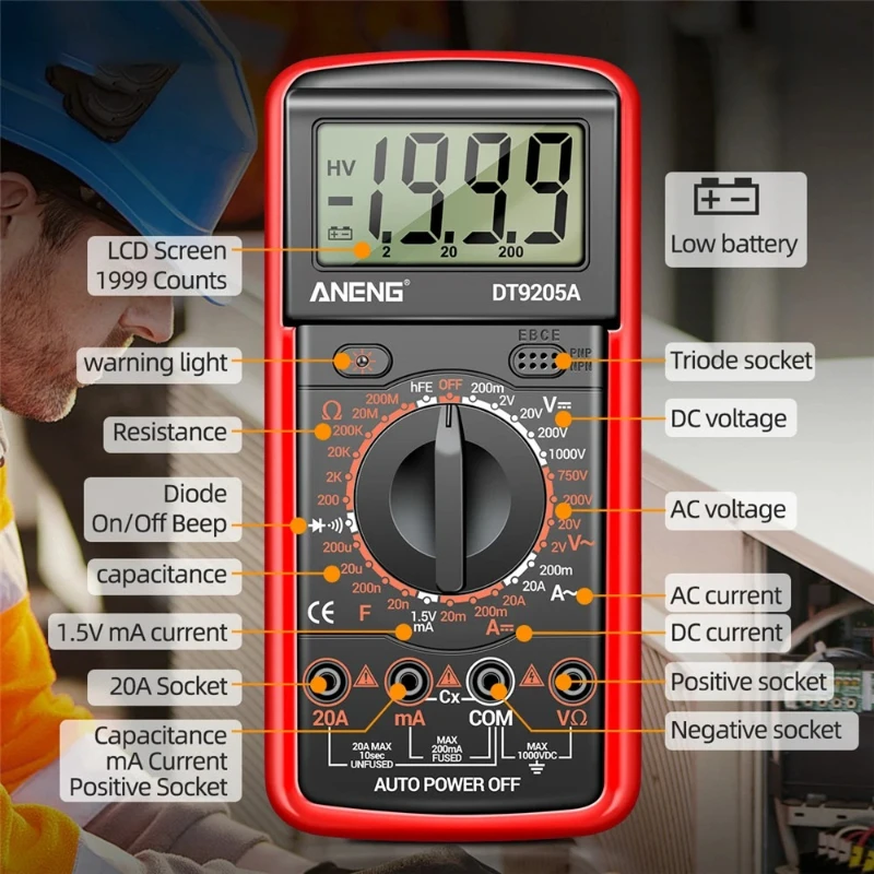 DT9205A Digital Multimeter AC/DC Transistor Tester Electrical NCV Test Meter Profesional Analog Auto Range Multimetro