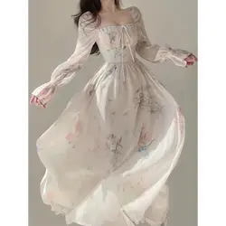 Chiffon Floral Dress Women Square Neck 2024 New Spring Sweet French Gentle Appear Thin Long Sleeved Printing Elegant Long Skirt