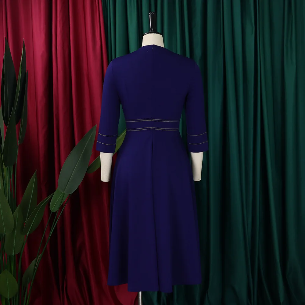 JENYAGE Damen Einfarbiges Dehnbares Kleid mit Stehkragen, Goldener Paspelierung, 3/4-Ärmeln, A-Linie, Midi-Länge, Elegantes Büro- und Partykleid in Übergröße – Detail 13