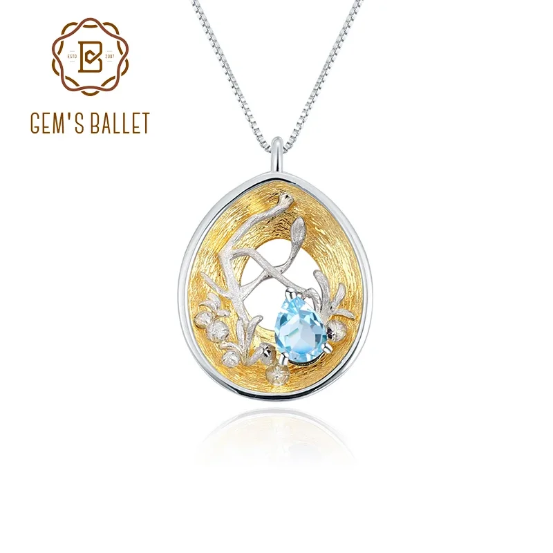 GEM'S BALLET 925 Silver Gold Plated Two Tone Handmade Branch Bud Natural Swiss Blue Topaz Woman’s Statement Pendant Necklace