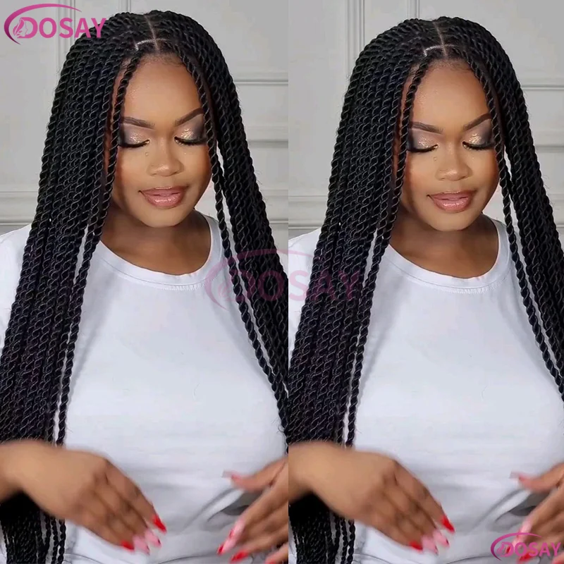 باروكة سنغالية سوداء اللون، باروكة صناعية بدانتيل أمامي للنساء، ضفائر صندوقية بدون عقد مع شعر أطفال