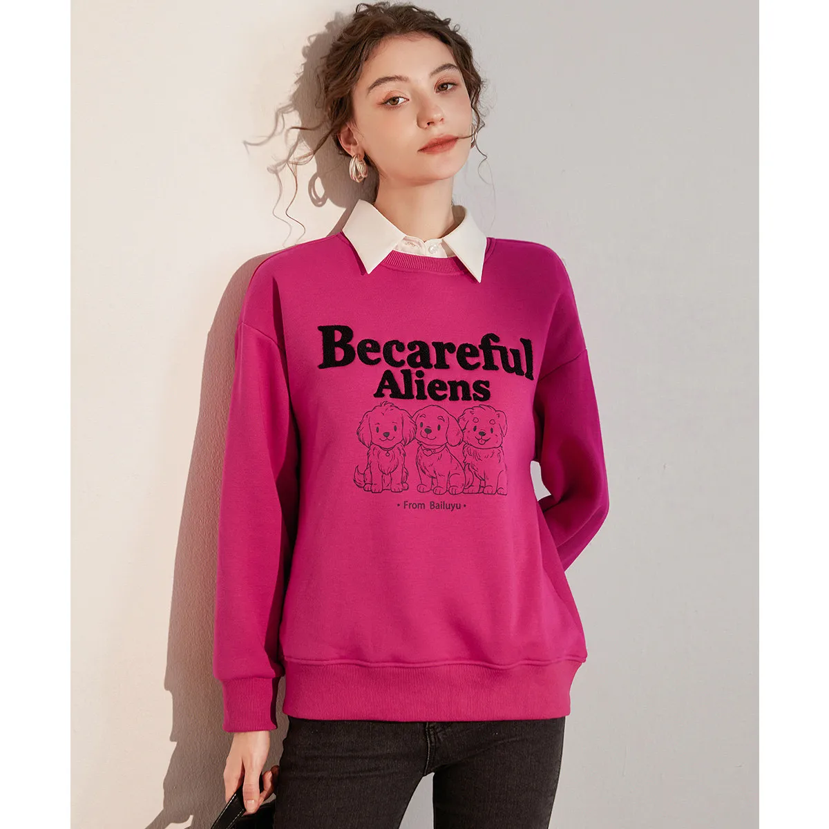 LOUIS YAO 2025 Winter Thick Fleece Round Neck Printed Embroidered Letter Loose Casual Women's Sweatshirt