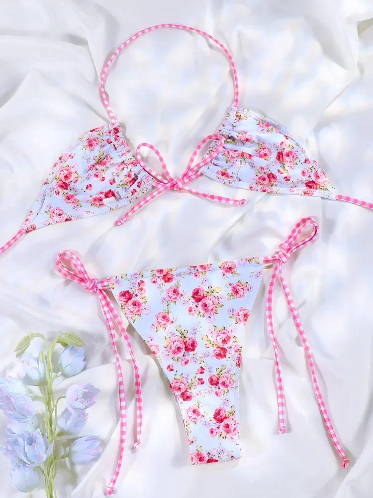 플로럴 비키니 핑크 수영복 리본 수영복 여성 로우 웨이스트 수영복 2025 여름 비키니 붕대 비치웨어 섹시