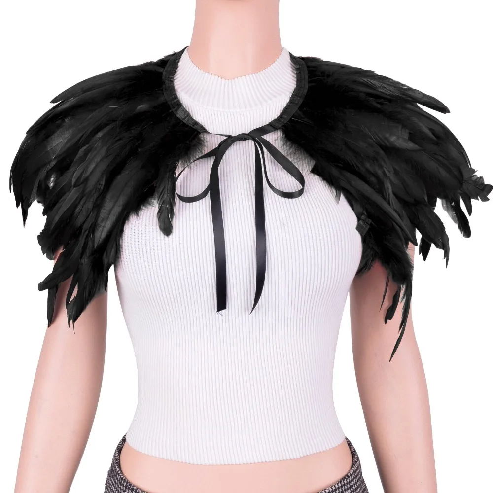 Halloween Feather Cape - Gothic Black Plume Fringe Shawl, Costume Cloak for Masquerade Ball, Cosplay and Vampire Party