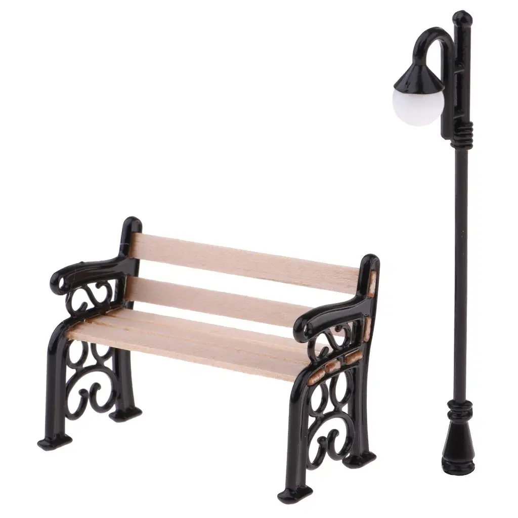 Miniature Garden Accessories for Dollhouse Two Benches and Two Lamps Wood and Metal Outdoor Set for 1 12 Scale Rooms