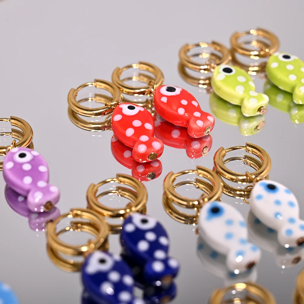 Ceramic Fish Pendant Golden Stainless Steel Hoop Earrings for Women  Fashion Ear Buckle Jewelry Accessories