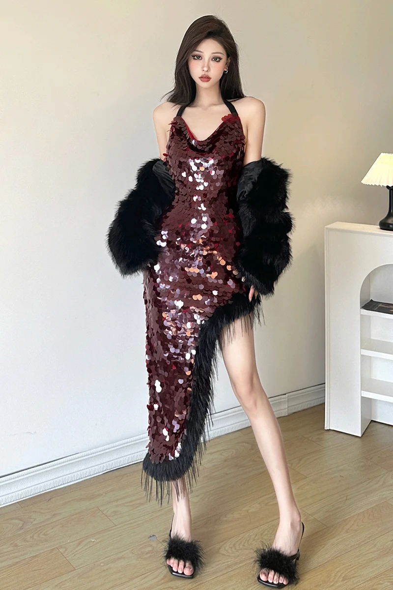 Designer Fujia Style Super Shiny Large Sequined Halter Dress Swing Collar Irregular -Fit Long Dress Fashion