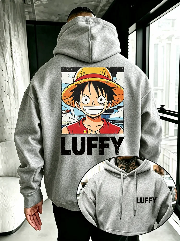 One Piece Monkey D. Luffy Hoodie mit Vorder- und Rückseiten-Print, Retro-Luffy-Porträt, Strohhut, Anime-Fan, lässiger Pullover mit Kapuze – Detail 5