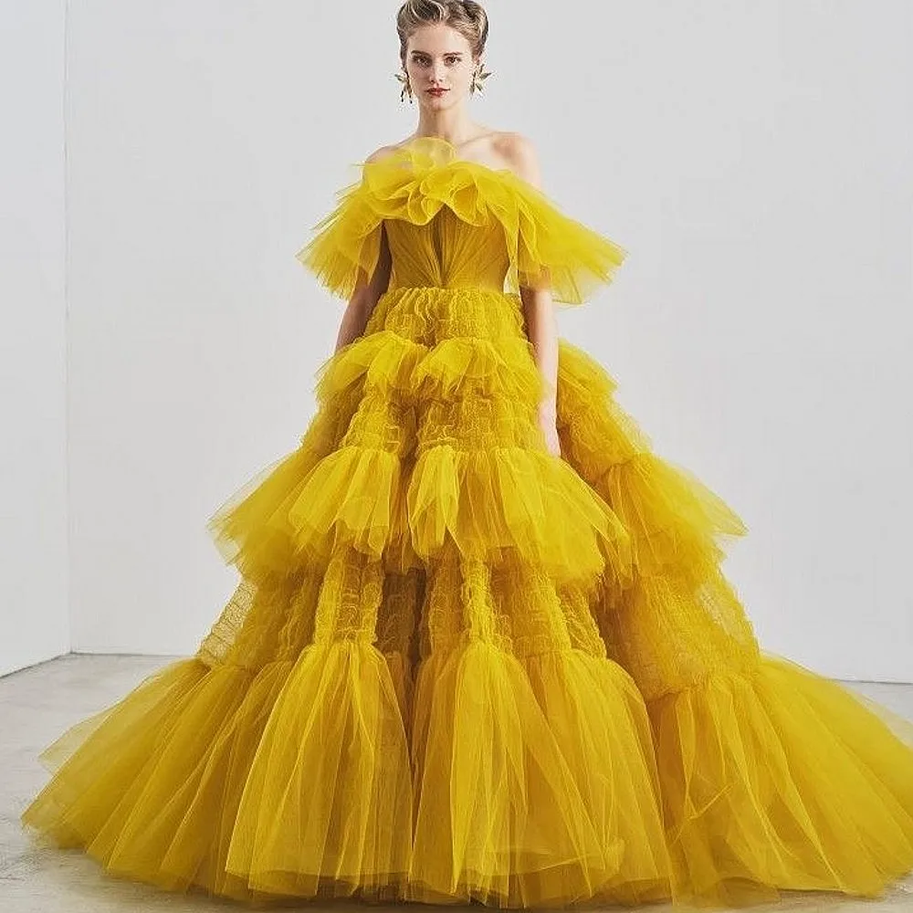 Amarelo inchado tule vestidos femininos fora do ombro em camadas tule longo elegante vestidos de aniversário personalizado vestidos de festa modernos