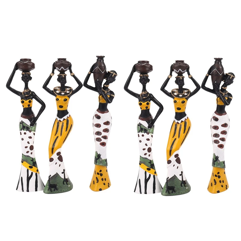 6Pcs Retro Vase African Woman Statue Exotic Resin Culture Figurines Set For Home Hotel Living Room Decoration