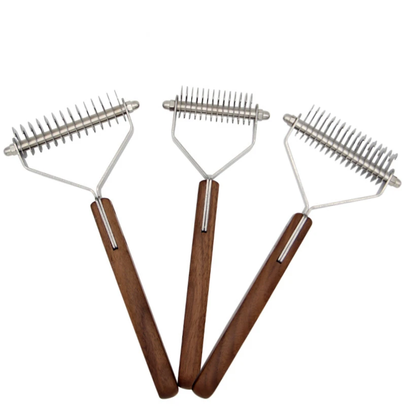 Professional Dog Brush Dematting Gently Efficient Safe Pet Comb Rake Removes Undercoat Knots Wooden Handle Cat Dehairing Brush