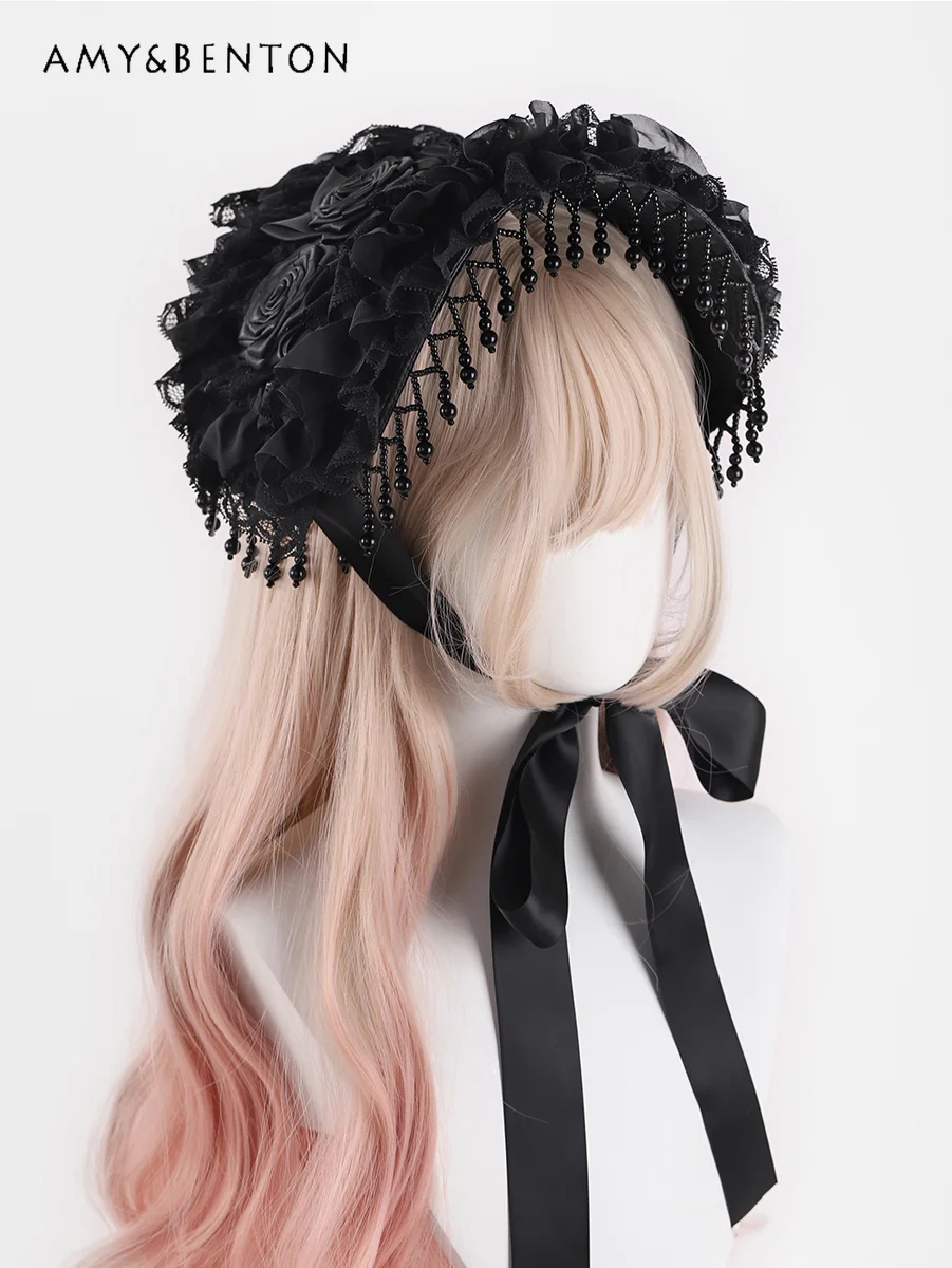 Original Handmade Gothic Dark Cosplay Lolita Hat Subculture Punk Style Black Pearl Fringed Lace Rose Hats Halloween Hat Women