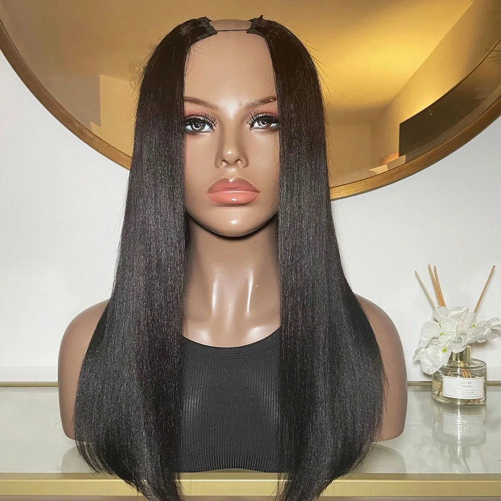 Lange 30 Zoll Yaki Straight Natürliche Schwarze Echthaar U-Part Perücken Maschinell Hergestellt Klebstofflos Einfache Installation Kinky Straight V-Part Perücken – Detail 5