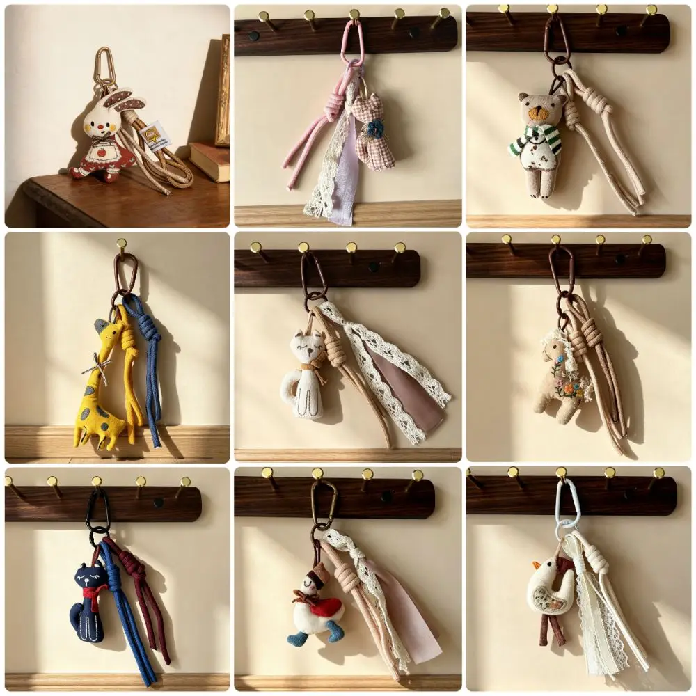 Cartoon Animal Keychain Doll Charm Multicolor Rabbit Cat Bear Vintage Bag Decorative Pendant with Weaving Handrope Cloth