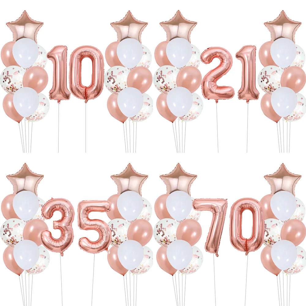 

22pcs Rose Gold Number Foil Balloons Happy Birthday Party Decorations Adult Kids 10 11 14 15 16 18 25 30 35 40 50 60 70 Year Old