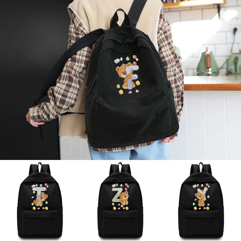 

Casual Travel Backpack Student School Bag Large Capacity Laptop Bag Canvas Bear Letter Print Unisex Organizer Shoulder Bag