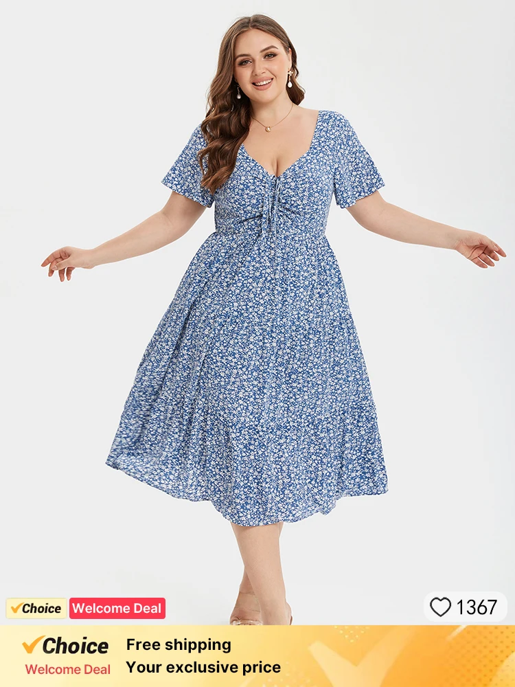 

Plus Sized Clothing Floral Print Casual Summer Dress Knot Front Ruffle Hem Midi Dress for slimming waist and floral dress