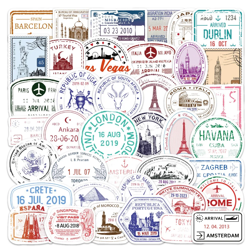 10/50PCS Passport Stamp Graffiti Sticker Fun's Waterproof Decal Water Cup Shoe Rack Laptop Wardrobe Decoration Toy Sticker