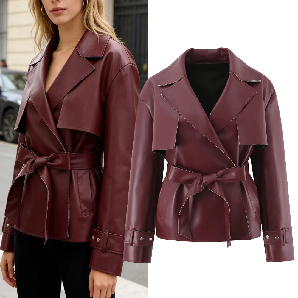 

Spring 2026 Women's Short Biker Jacket Simple Waist-Cinching Belted Stand Collar Coat Stylish Outerwear Adult Long Sleeve PU ...