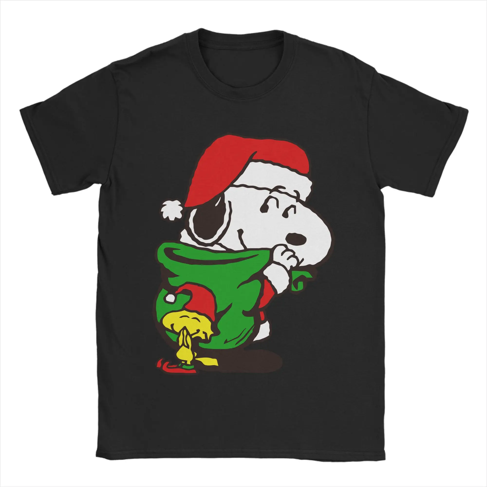 الفول السوداني سانتا سنوبي وودستوك عيد الميلاد الرجال تي شيرت رهيبة تي شيرت قصير الأكمام طاقم الرقبة تي شيرت القطن