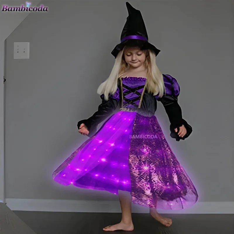 Sparkly witch Halloween costumes for girls LED light up purple long dress for Kids Carnival cosplay outfit with broom hat