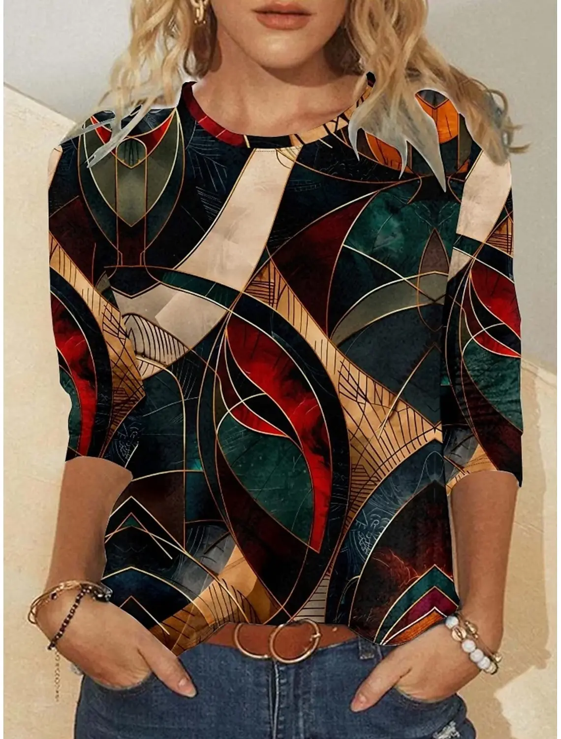 Retro 3D Print Color Block Crew Neck Long Sleeve T-Shirt Womens Clothing Casual Clothes Harajuku Female Clothing Pullover