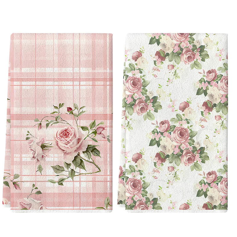 2Pcs, Pink Rose Plaid And Floral Print Kitchen Towels, 40Cm…