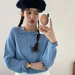 New Sweet Women Sweater Korean Bow Kawaii Female Casual Cardigan Autumn Preppy Style Skew Button O Neck Ladies Crop Tops