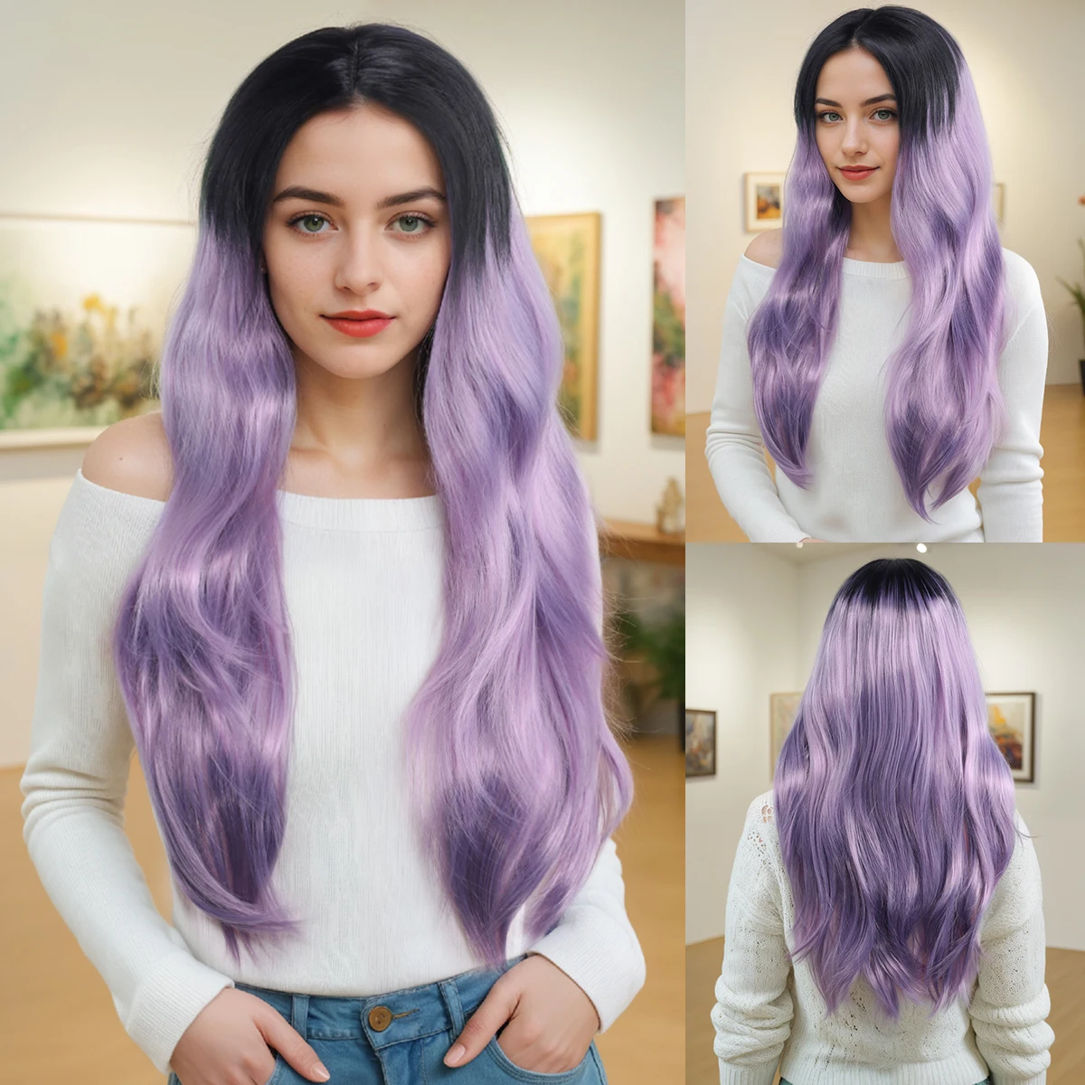 

Длинный волнистый женский парик 60 см, черно-фиолетовый омбре, с боковым пробором, из синтетического волокна, для повседневной носки и косплея