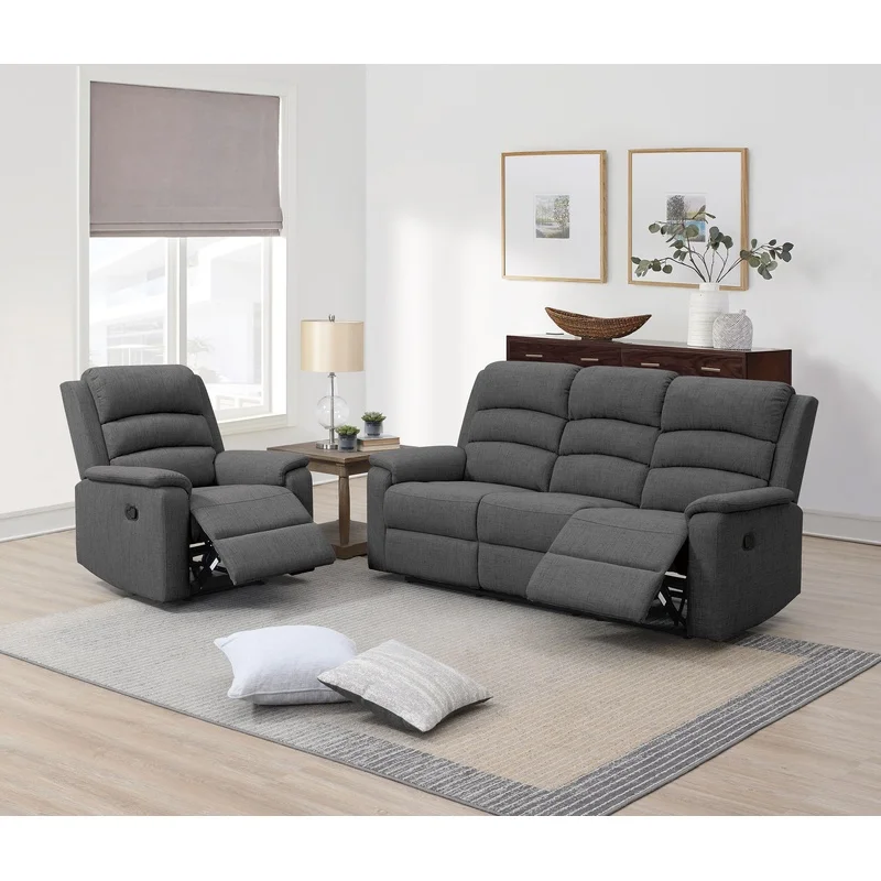 Modern 2-Piece Living Room Set: Sofa and Recliner with Vertical Tufting, Padded Armrests and Backrest, Dark Gray Finish
