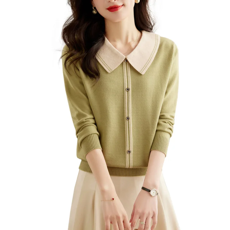 Women Clothing Simple Solid Sweet Knitted Tops Spring Daily Casual Fashion All-match Pullovers Turn-down Collar Sweaters