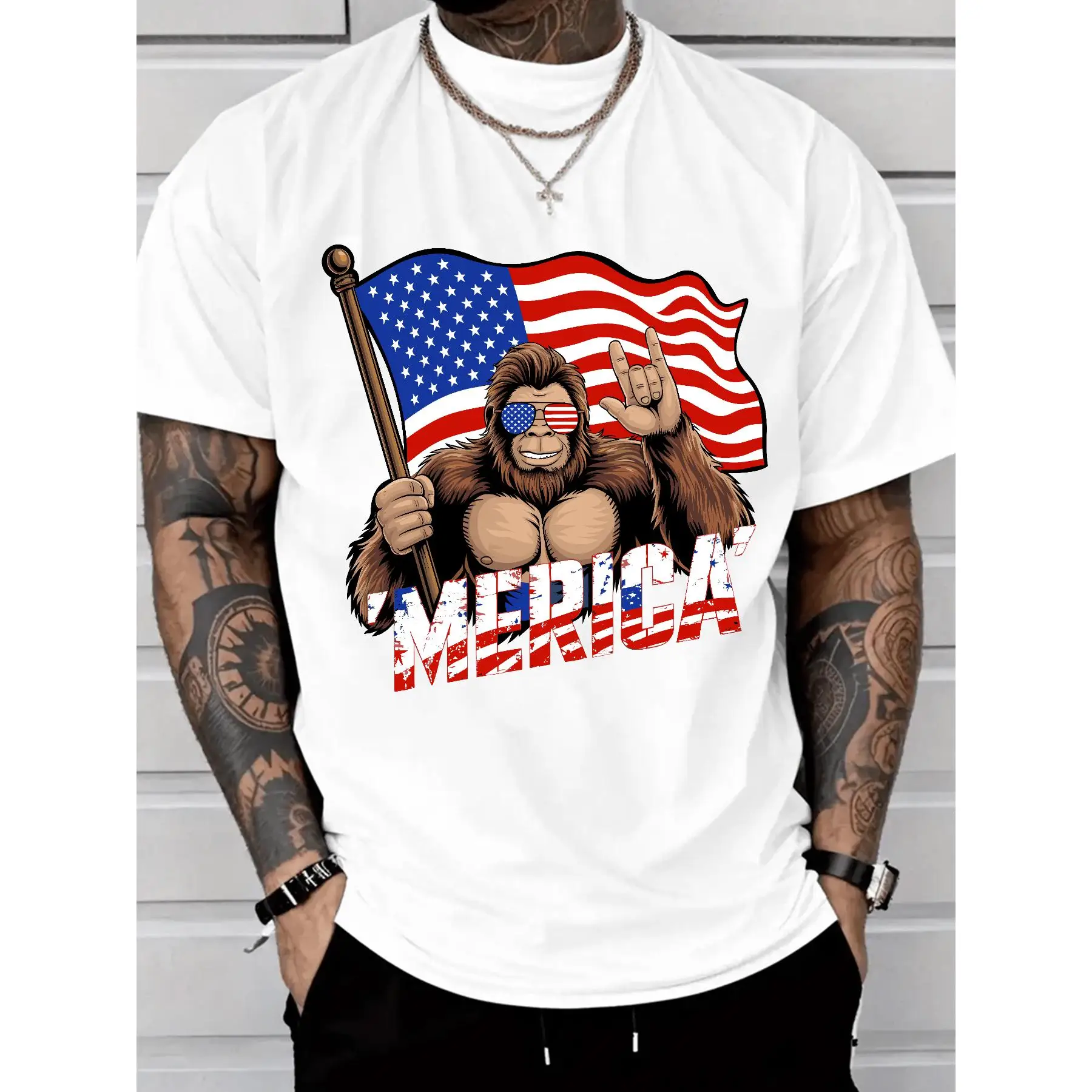 

Funny Bigfoot T-shirt for Men Women American Flag Graphic Tees Patriotic Slogan Print Humorous Loose Tops