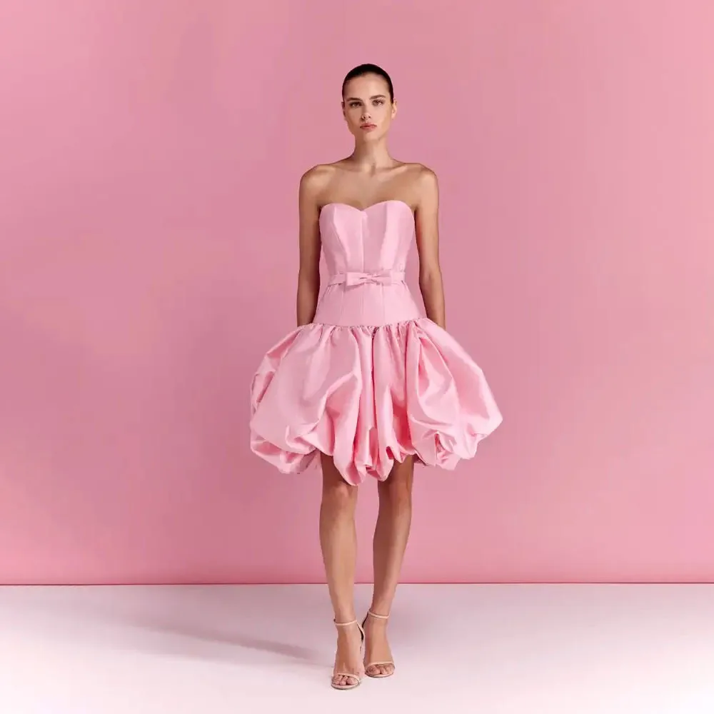 Chic Pink Bubble Women Mini Dress Strapless A-line Short Satin Prom Gowns Female Brithday New Year Party Dress