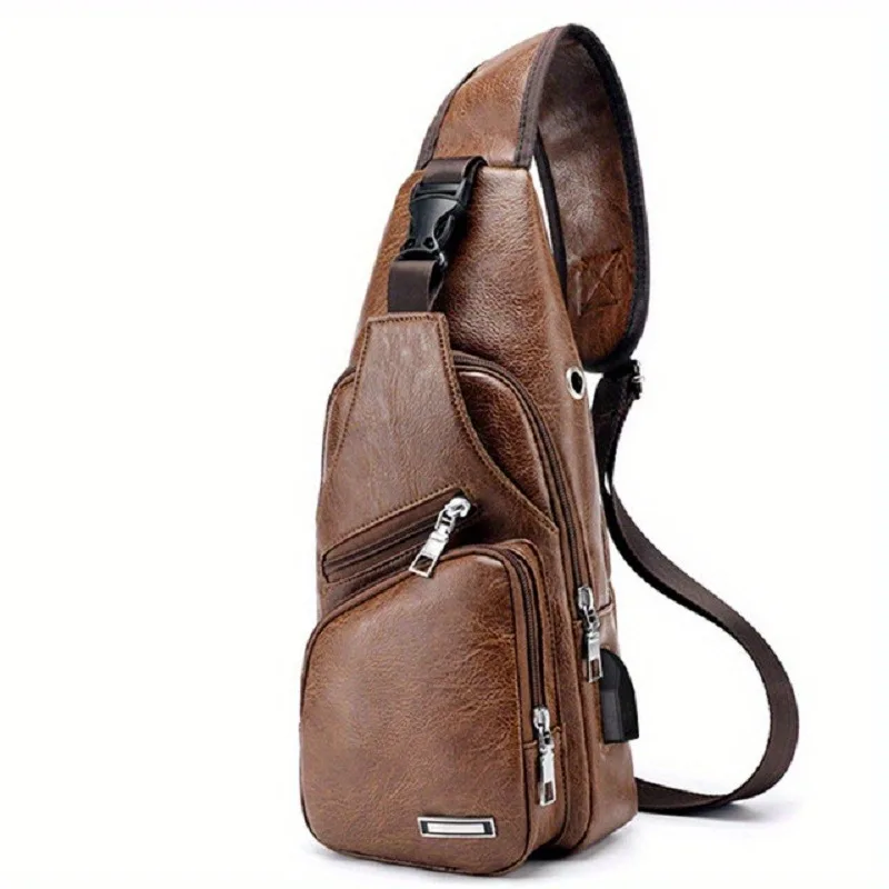 Men's Pu Leather Sling Bag Anti-theft Chest Bag with Earphone Hole Large Capacity Travel USB Shoulder Crossbody Bags