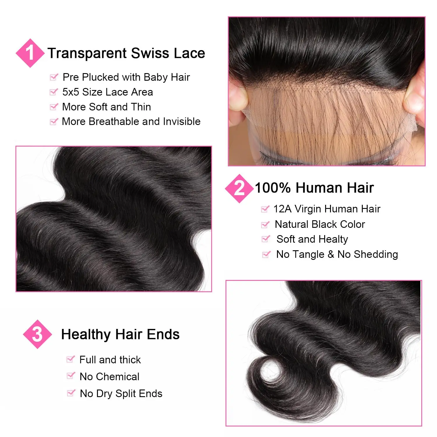 5x5 HD Lace Closure Human Hair Body wave Closure Unprocessed Virgin Human Hair Lace Frontal Closure Pre Plucked with Baby Hair