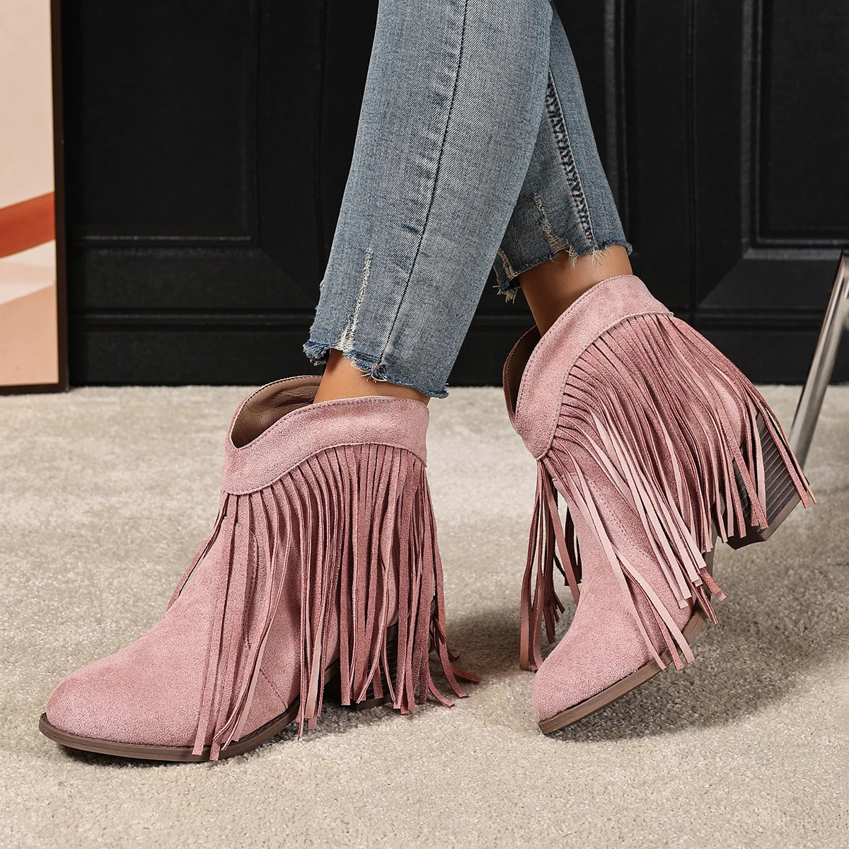 Fringe-Trimmed Pointed-Toe Chunky Heel Elevated Elegant Fashionable Evening Party Resort Women's Nude Boots view 5