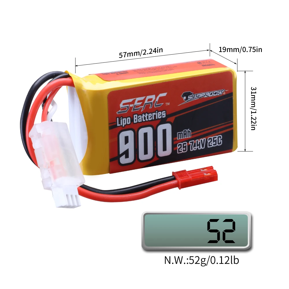 Sunpadow 2S Lipo Battery for 7.4V 900mAh 1350mAh 20C 25C Batteries Soft Pack with JST XT30 Plug for RC Airplane Quadcopter 2pack