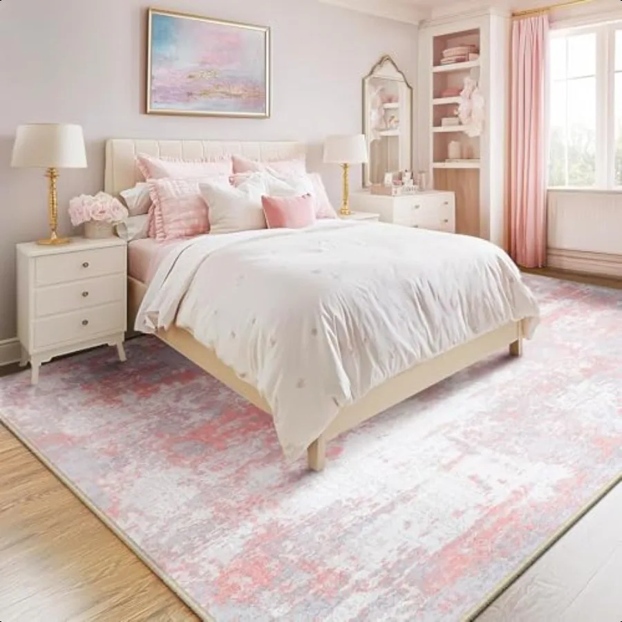 

Washable Area Rugs 5'x7' NonSlip Modern Abstract Soft for Living Room Entryway Bedroom Nursery Print Pattern Grey Pink