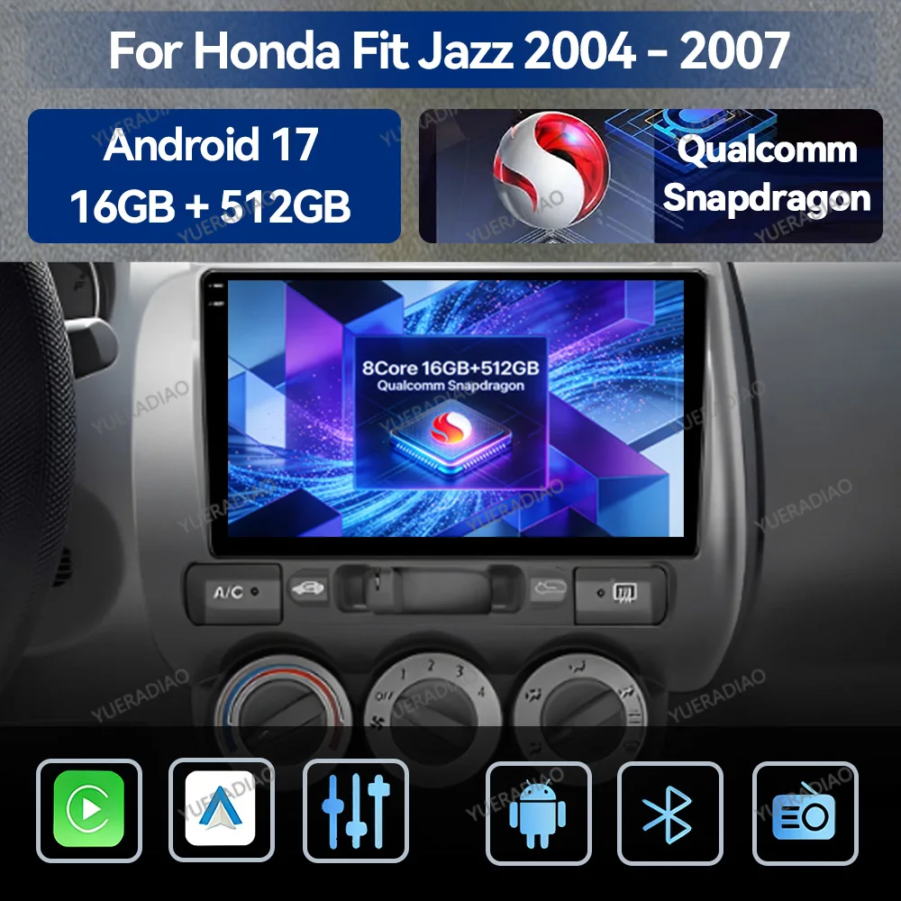Radio para Auto con Android 17, Carplay Inalámbrico y Android Auto para Honda Fit Jazz 2004-2007, Reproductor Multimedia de Video, 4G, WIFI, GPS, NAVI, QLED