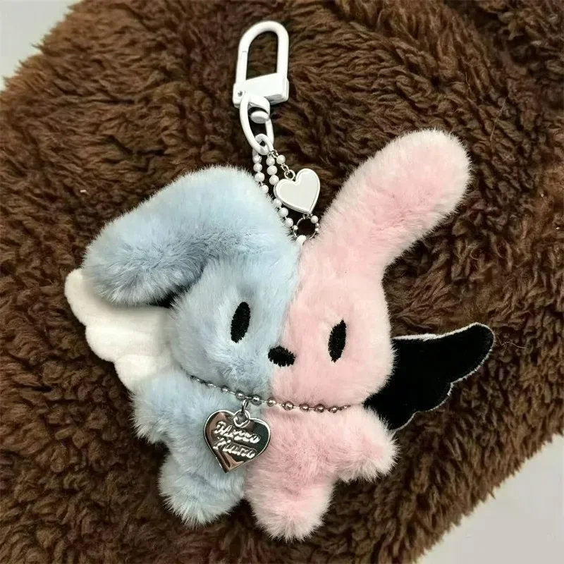 1/2Pcs Soft Rabbit Doll Keychains Stitching-color Plush Rabbit Pendants Kawaii Blue Pink Backpack Hangings Fluffy Rabbit Keyring