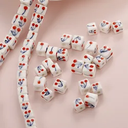 10pcs Hand Painted Cherry Square Shape Ceramic Beads 8x8mm 10x10mm Loose Spacer DIY Bead For Jewelry Making Accessories